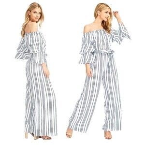 Flying Tomato Wide Leg Jumpsuit S Womens Ruffled Sleeves Blue White Stripes